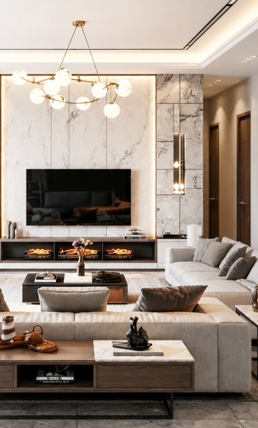 Modern, luxurious living room designed by Perspective Kitchen & Interior