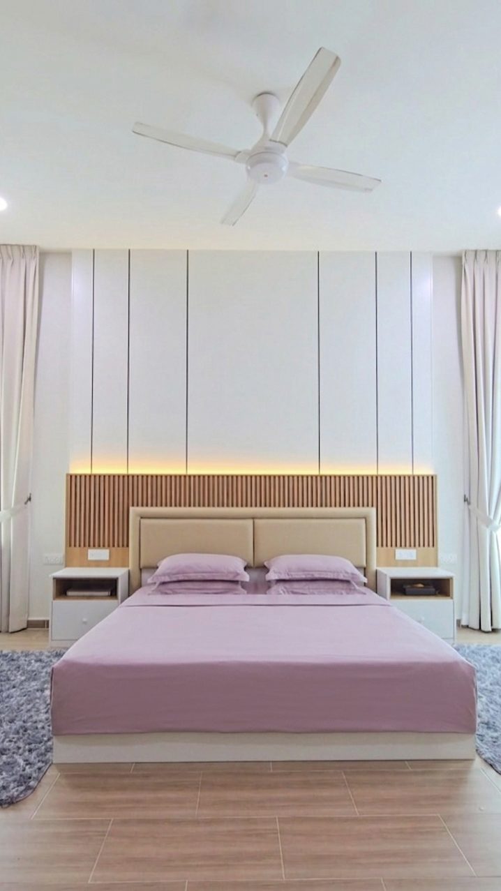 Master bedroom with upholstered headboard